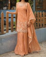 Elegant Peach Embroidered Kurta Palazzo Set - Image 3