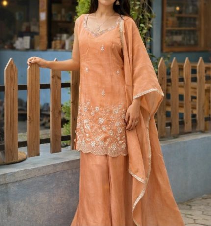 Elegant Peach Embroidered Kurta Palazzo Set