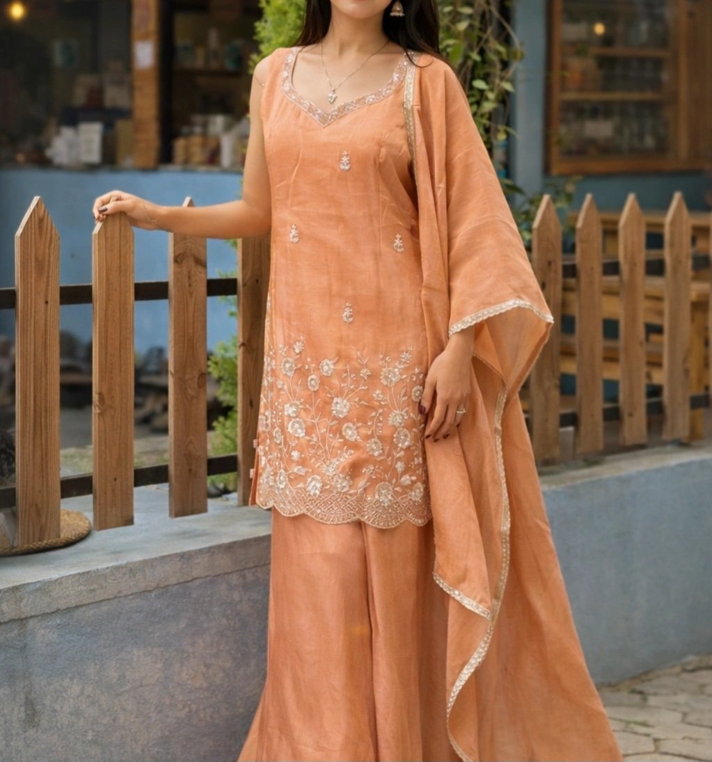2026/10/1001044653.jpg Elegant Peach Embroidered Kurta Palazzo Set - Image 1